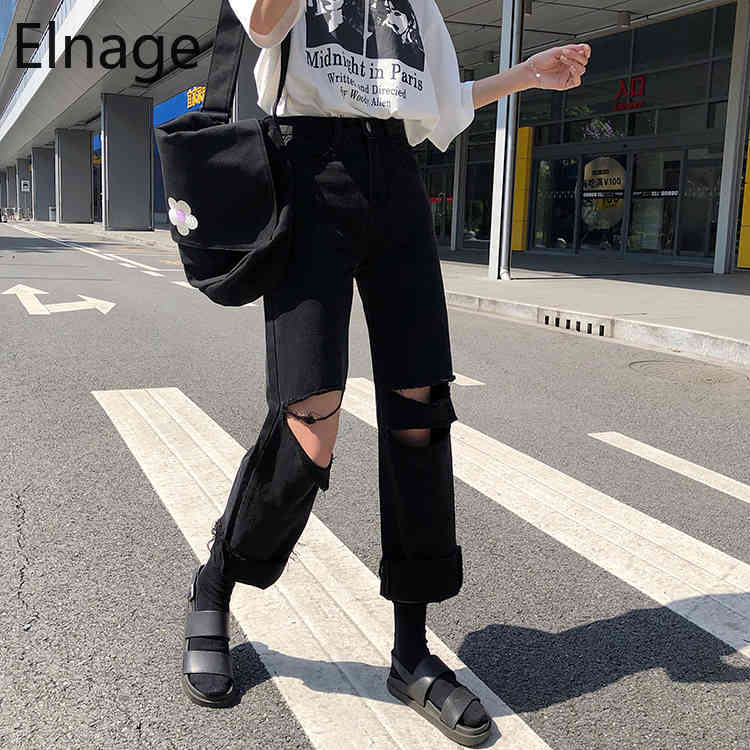 Pantalon Black Hole Jeans Women Straight Loose Korean High Waist Denim Pants Slim Wide Leg Trousers Ripped 5B137 210429