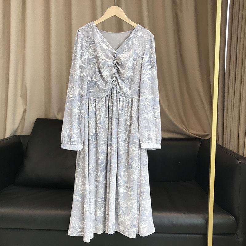 Early Autumn Simple And Cold Wind Retro Ink Smudge Romantic Printing Waist Slimming Dress Casual Dresses