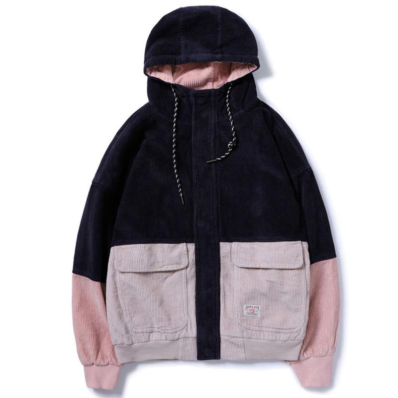 Autumn Mens Corduroy Color Block Patchwork Hooded Jackets Women Hip Hop Hoodies Coat Couple Baseball Jacket Streetwear Outerwear Men's