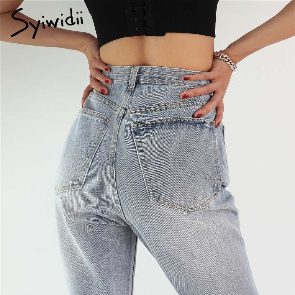 Syiwidii Button Up Jeans for Women Fashion Korean Denim Pants Irregular High Waisted Straight Streetwear Baggy 210922