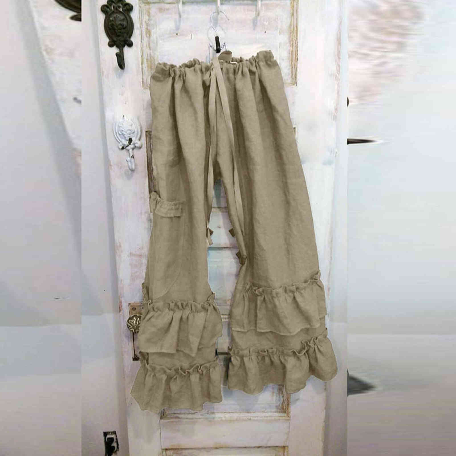 Jaycosin Pants Women Plus Size Solid Cotton Linen Folds Casual Ruffled Loose Pocket Full Length Drawstring Pockets 211115