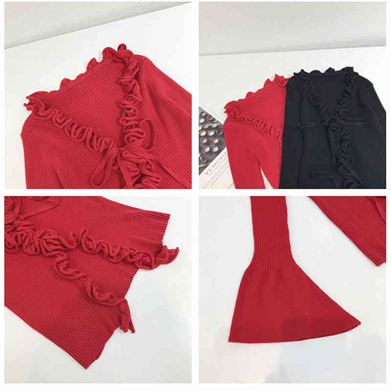 Fall Arrival Slim V-Neck Ruffle Women Buttons Sweater Elastic Flare Sleeve Knitted Cardigans Long Tops C-162 210522