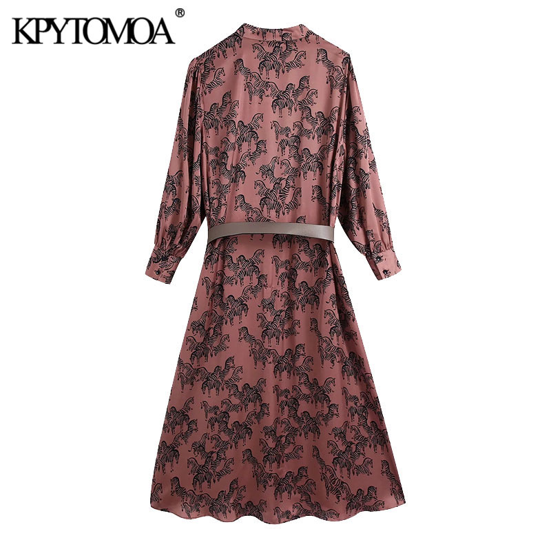 Women Chic Fashion With Belt Animal Print Cozy Midi Dress V Neck Button-up Female Dresses Vestidos Mujer 210420