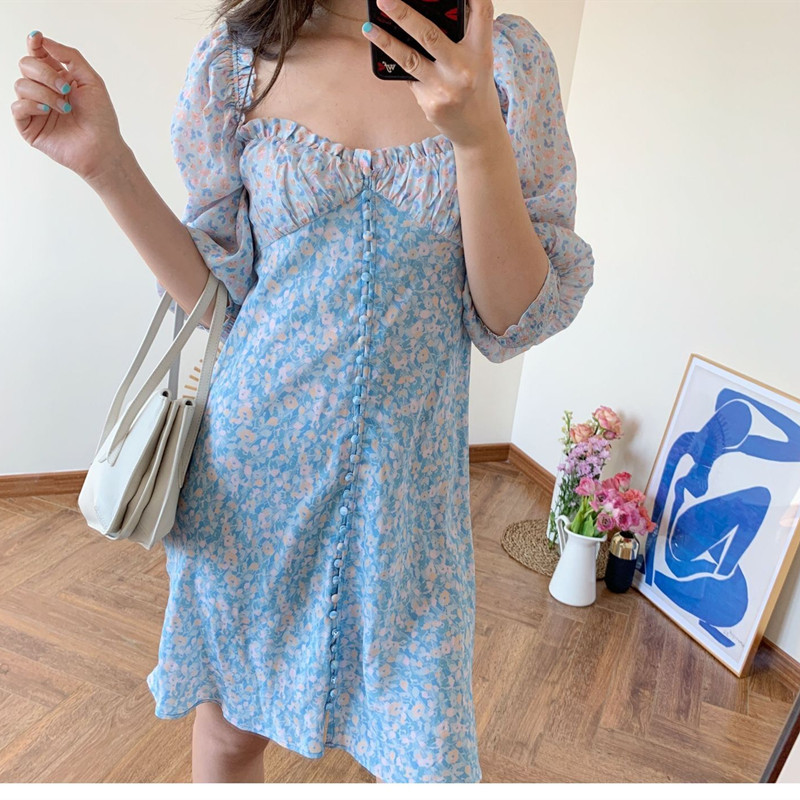 beauty Woman Summer Dress Fresh Romantic Floral Stitching Single-breasted Chiffon Long-sleeved Dresses 210514