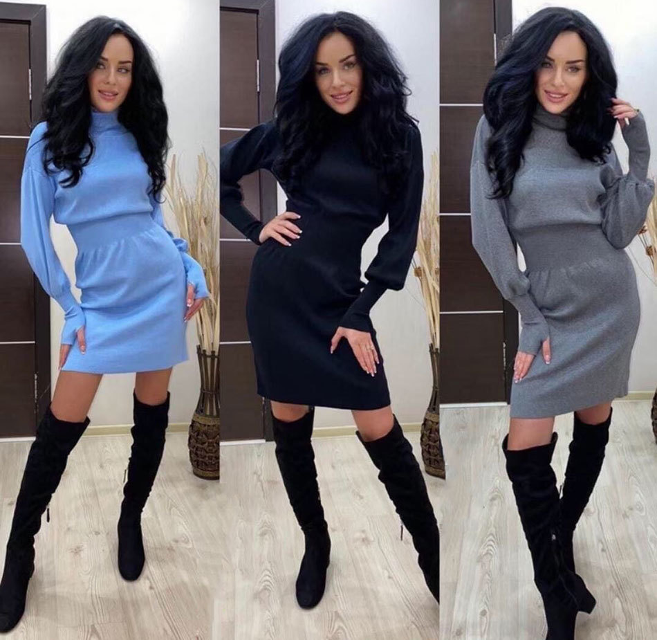 Free Autumn Women's Turtleneck Sweater Dress Elegant Lantern Sleeve Bodycon Knit Pullover Mini Vestidos 210524