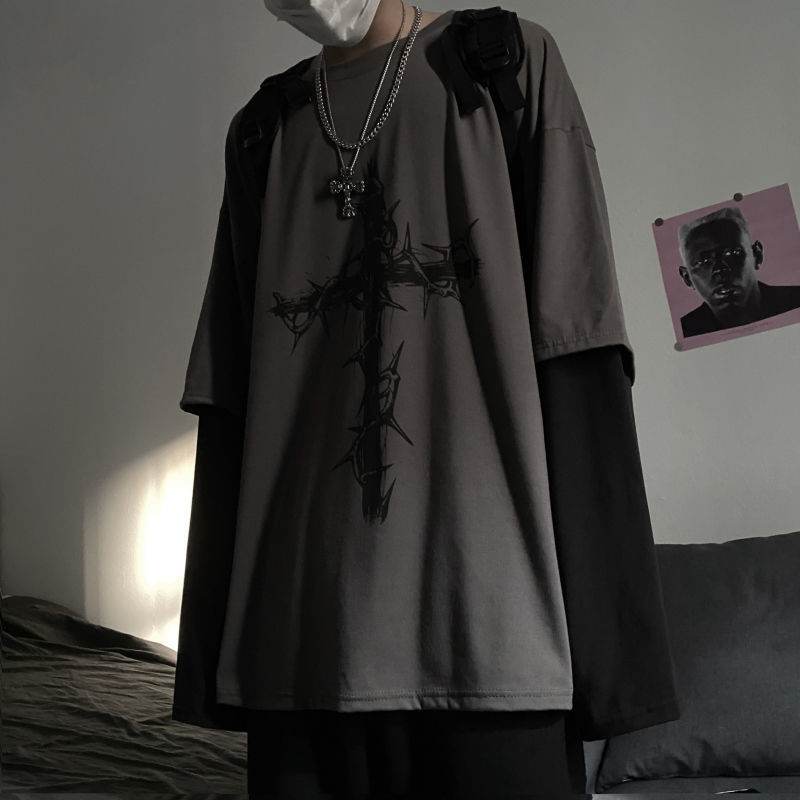 QWEEK Gothic Goth Style Tshirt Mall Goth Tops Punk Japanese Streetwear Fashion Korean Style Long Sleeve Tshirt Oversize 210406