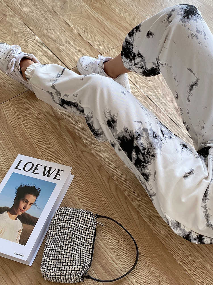 WOMENGAGA American Street Tie Dye Sports Pant's Drawstring Elastic High Waist Straight Casual Trousers SIKG 210603