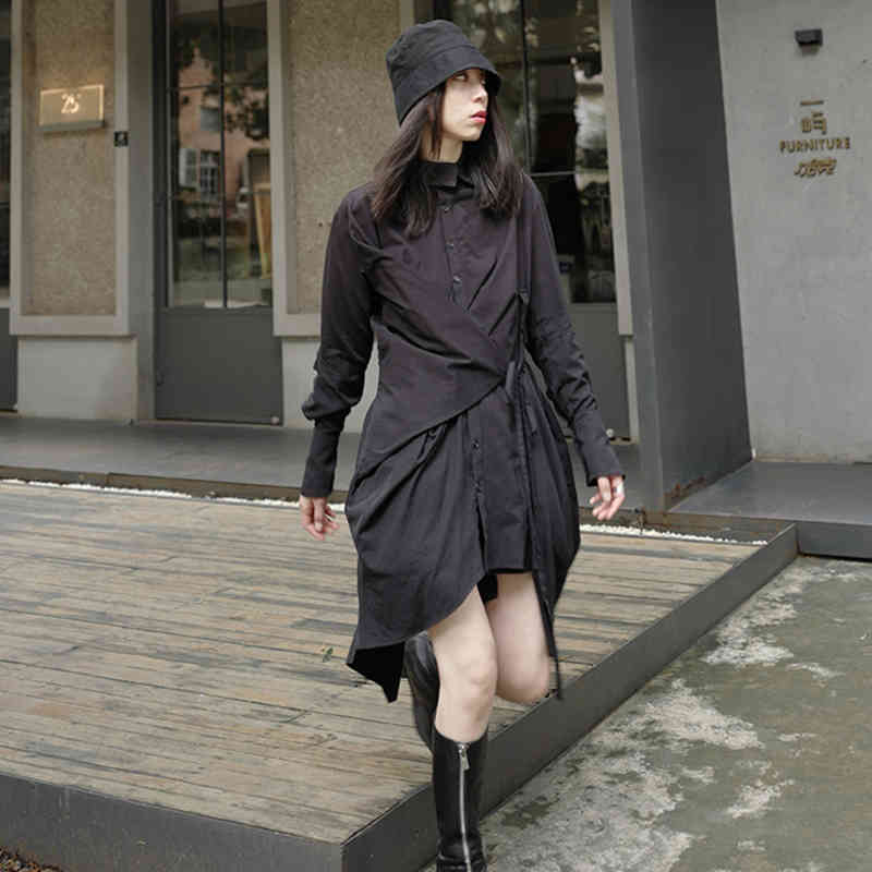 Asymmetry Shirt Dress Women's Summer Laple Loose Single Breasted Bandage Long Sleeve Mini Dresses Female 210427