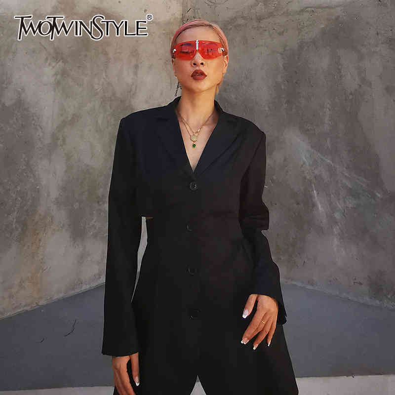 Black Tunic Jacket For Women Notched Collar Long Sleeve Backless Slim Short Blazer Female Autumn Clothing 210524