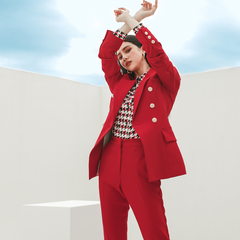 Fashion Office Lady Pant Suits Red 2 Piece Set For Women Double breasted Blazer & Pencil Pants Korean Business Autumn 210506