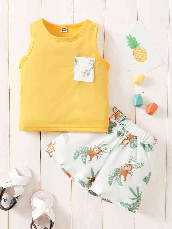 Baby Monkey & Tropical Print Patched Pocket Tank Top & Shorts SHE