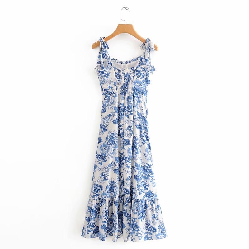 Vintage French Style Blue White Floral Women Dress Tie Bow Strap Sleeveless Sexy Beach Party Female 210429