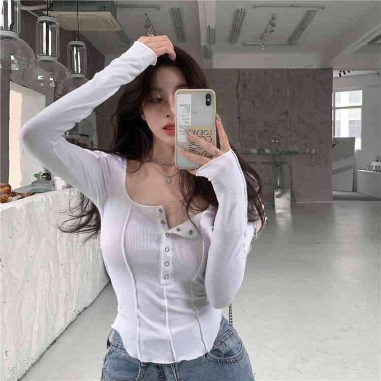 2Color Spring Square collar Sexy Long sleeve t-shirts womens tee shirt femme women Slim Cropped tops (R99566) 210423