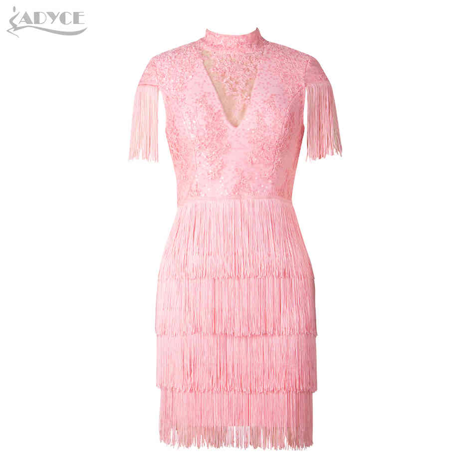 Summer Women Lace Bodycon Bandage Dress Sexy Short Sleeve Tassel Mini Club Celebrity Runway Party Dresses Vestido 210423