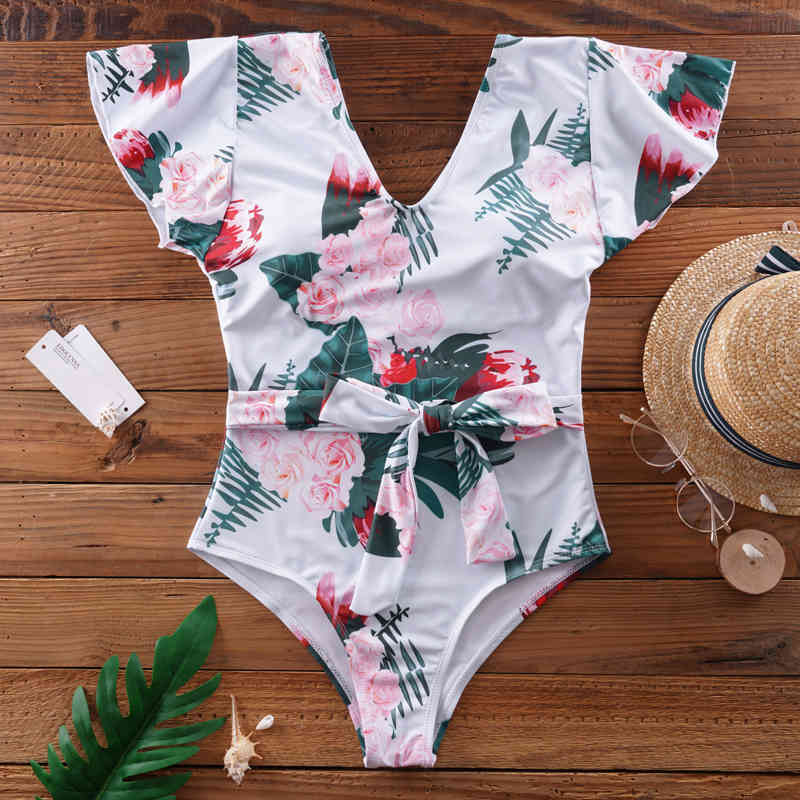 Vintage Butterfly Sleeve One-Piece Swim Suits Boho Floral Printed Swimwear Bathing Sexy Swimming For Women Swimsuit L8 210420