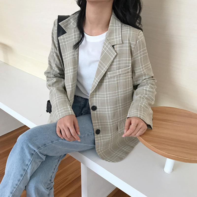 Autumn Korea Fashion Women Long Sleeve Loose Blazers Coat Female Casual Plaid Blazer Retro Bleizer Femeninos Top Quality S82 210512