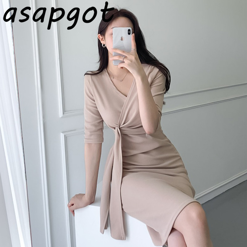 Korean Chic Gentle Elegant Slim V Neck Cross Side Lace Up Waist Bodycon Short Sleeve Knitted Dress Women Wrap Hip Vestido 210429