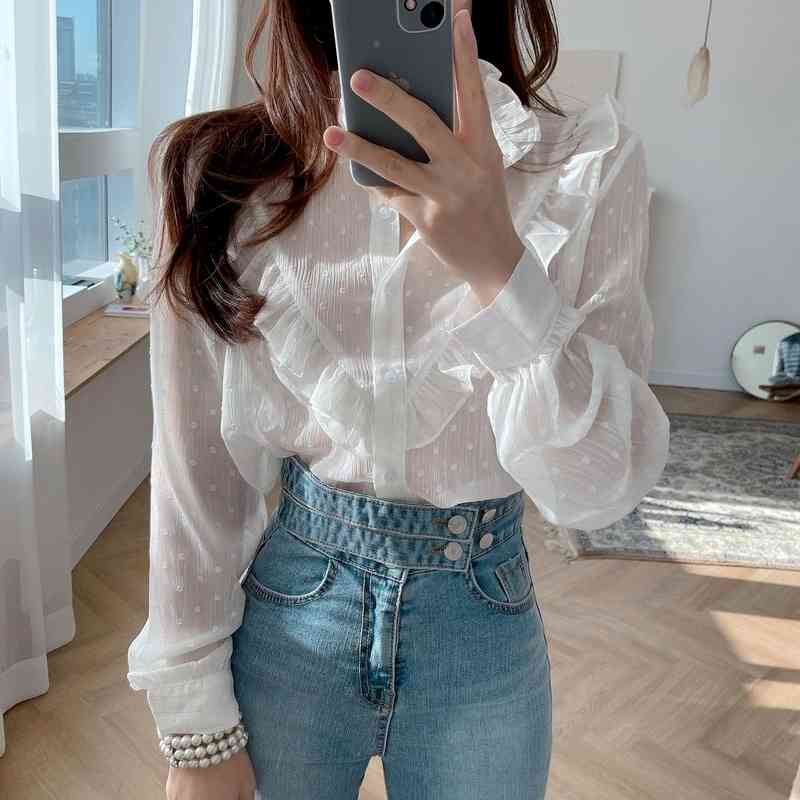 Women Long Sleeve Shirt Spring Ruffled Chiffon Blouse Vintage See Through Single Breasted Ropa De Mujer 13575 210427