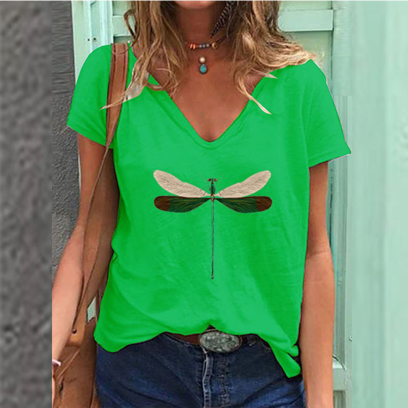 Women's Summer Fashion Printed Dragonfly V Neck T Shirt Female Plus Size Loose Short Sleeve Tops S-3X 210406