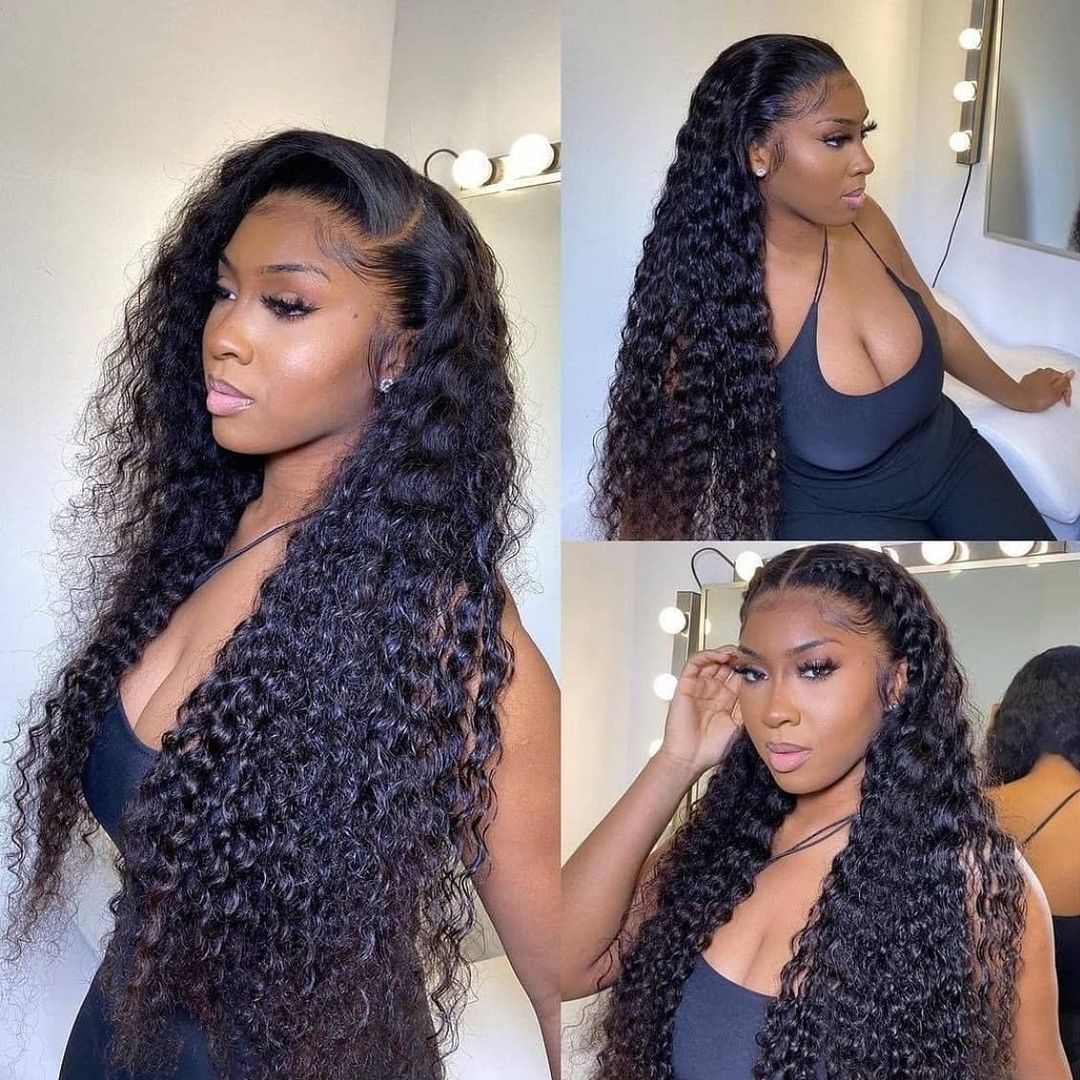 Transparent Malaysian Curly Human Hair Wig Deep Lace Frontal Wig For Women Wet And Weavy