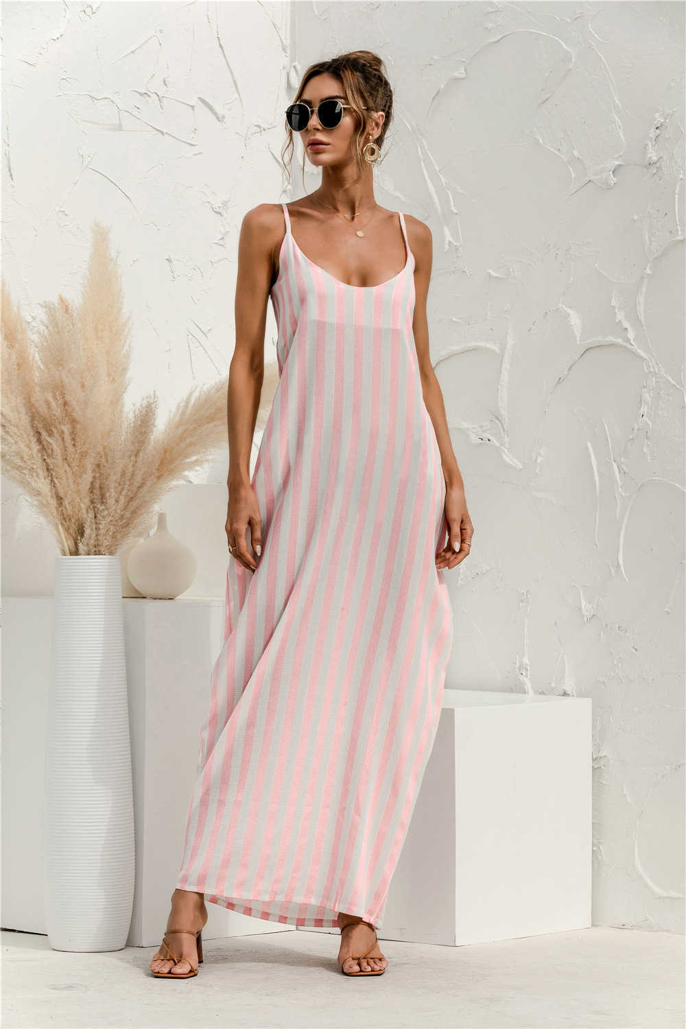 Striped Backless Bohemian Maxi Dress Women Summer Sexy Spaghetti Strap Pocket Casual Loose Holiday Beach Robe Femme Vestidos 210526