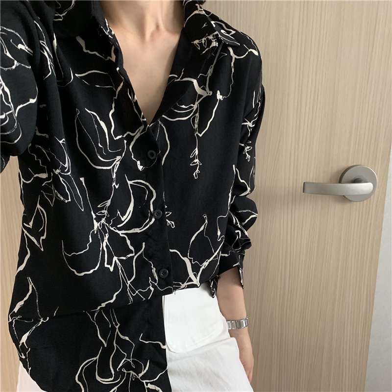 Korean Chic Sketch Flower Abstract Print Single Breasted Loose Long Sleeve Shirts Streetwear Office Lady Blouses 210421