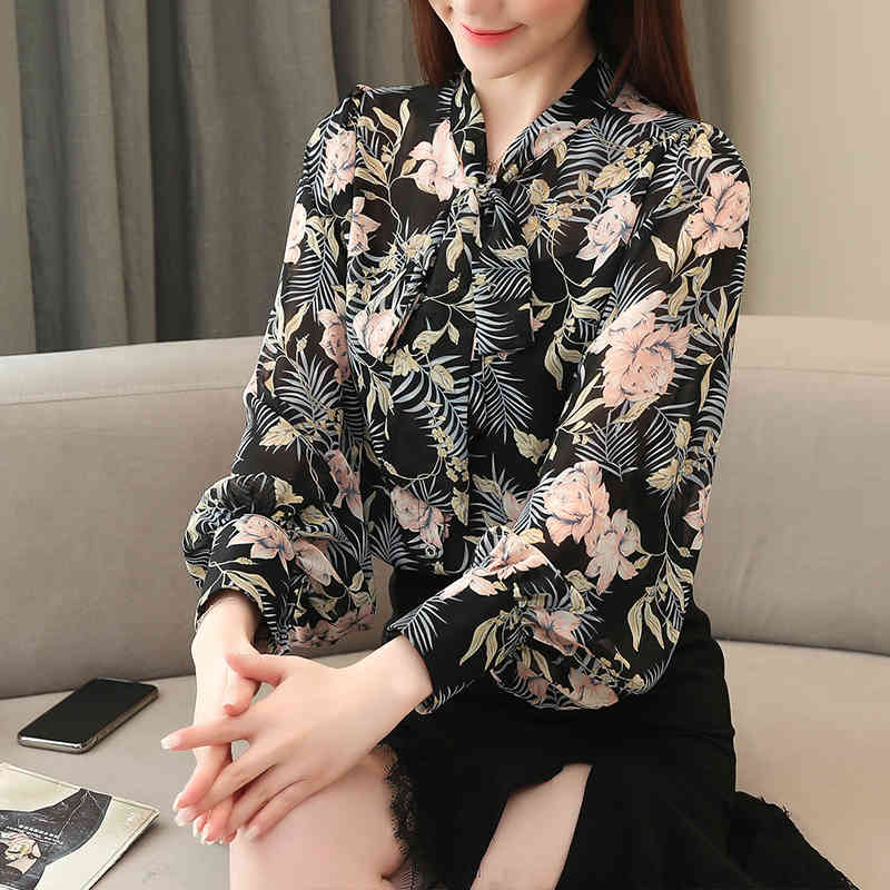 Autumn Korean Style Cardigan Lantern Sleeve Bow Tie Print Office Lady Long Women's Blouse Elegant Shirt Blusas 10675 210518