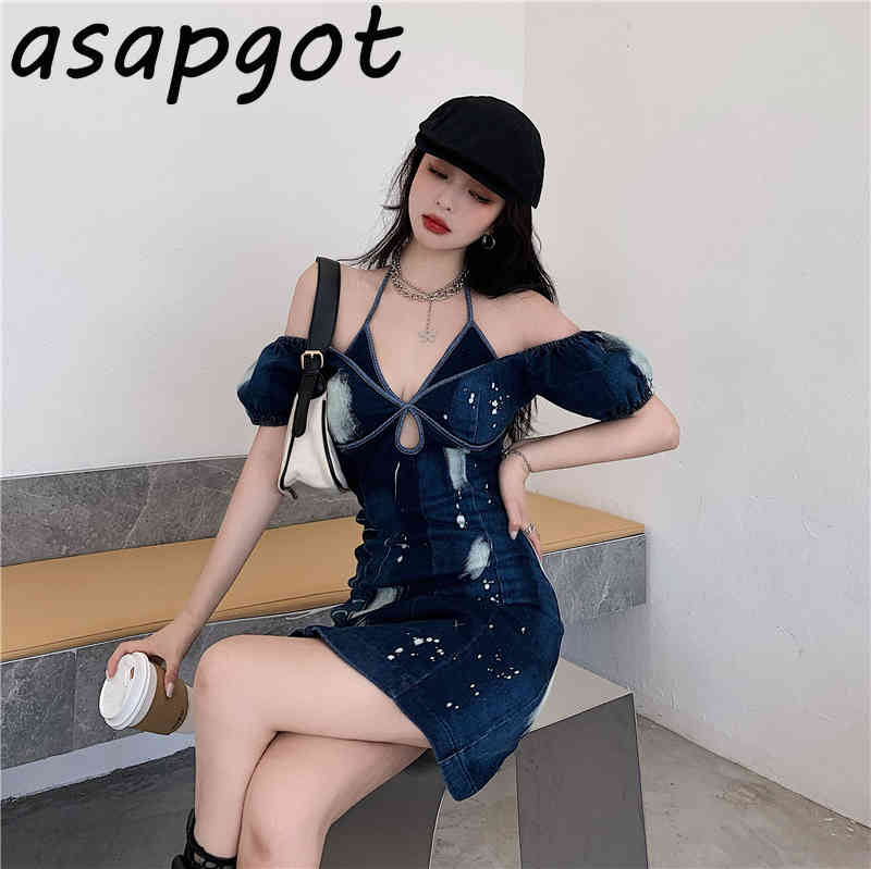 Dresses Sexy Spaghetti Strap Off The Shoulder Blue Denim Tie Dyed Dress Women Halter Party Vintage Vestido De Mujer Hollow Out 210429