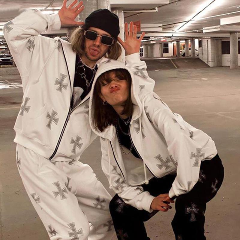 Hoodies & Men's Sweatshirts Y2k Rhinestone Skeleton Men Gothic Black Zip Up Oversized Female Retro Harajuku Hooded Jacket Outfit Un
