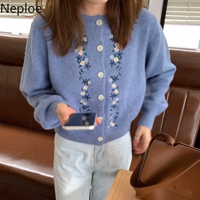 Neploe Embroidery Floral Sweates Women O-neck Knitted Cropped Cardigan Single Breasted Vintage Sueter Coat Woman Clothes 4H376 210422