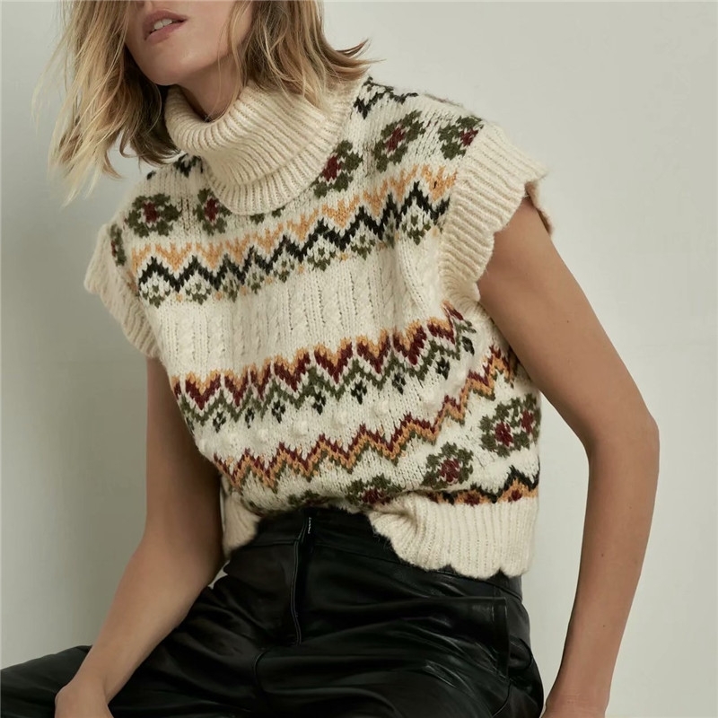 Causal Women Turtleneck Sweater Fashion Ladies Ruffles Knitted Tops Streetwear Female Chic Geometry Jacquard Pullover 210430