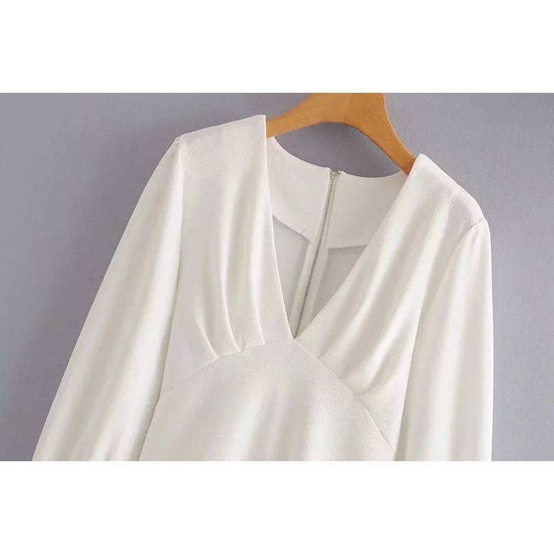 Summer Dress Vintage Deep V Neck white Pleated dress Elegant Korean long sleeve party boho casual ladies Dresses 210521