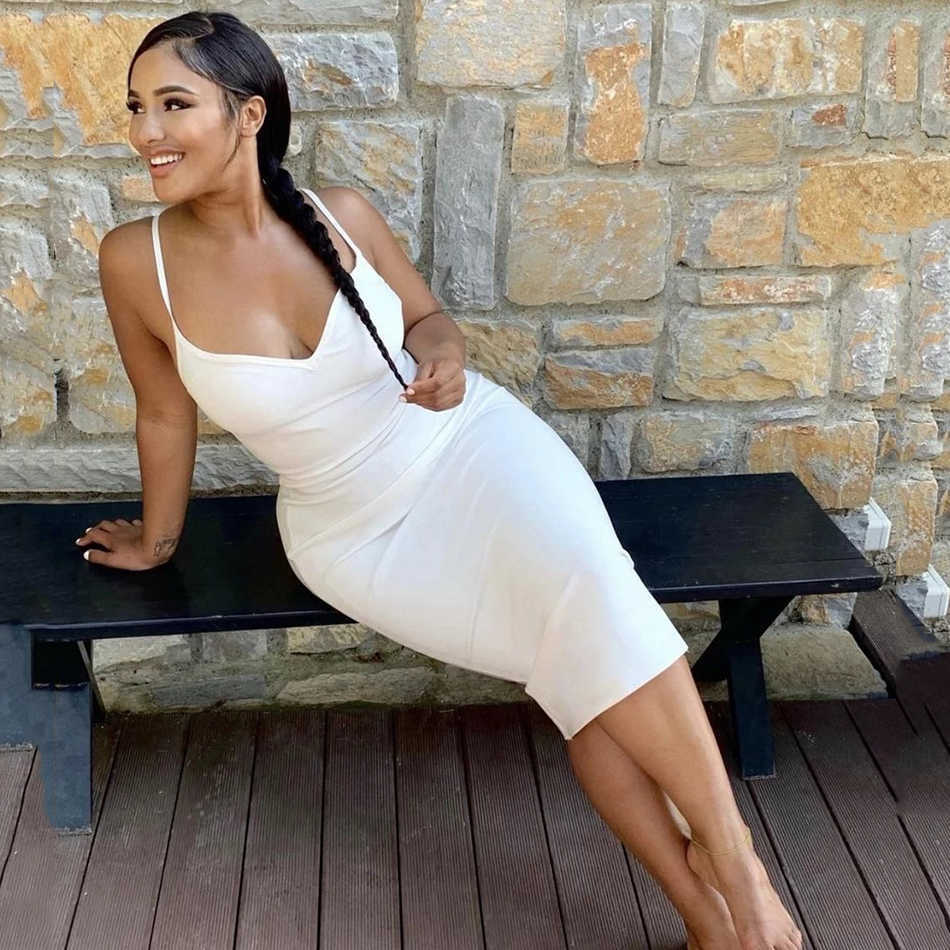 Woman Sexy V-neck Middle Calf White Black Brown Bandage Dress Elegant Celebrity Bodycon Party Vestido 210527