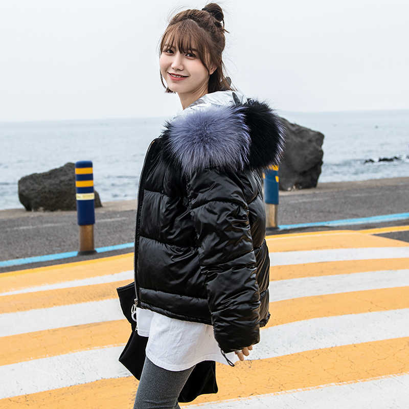 Ly Varey Lin Winter Glossy Parka Women Big Faux Fur Hooded Short Cotton Jacket Warm Thick Loose Gold Silver Bright Side Outwear 210526
