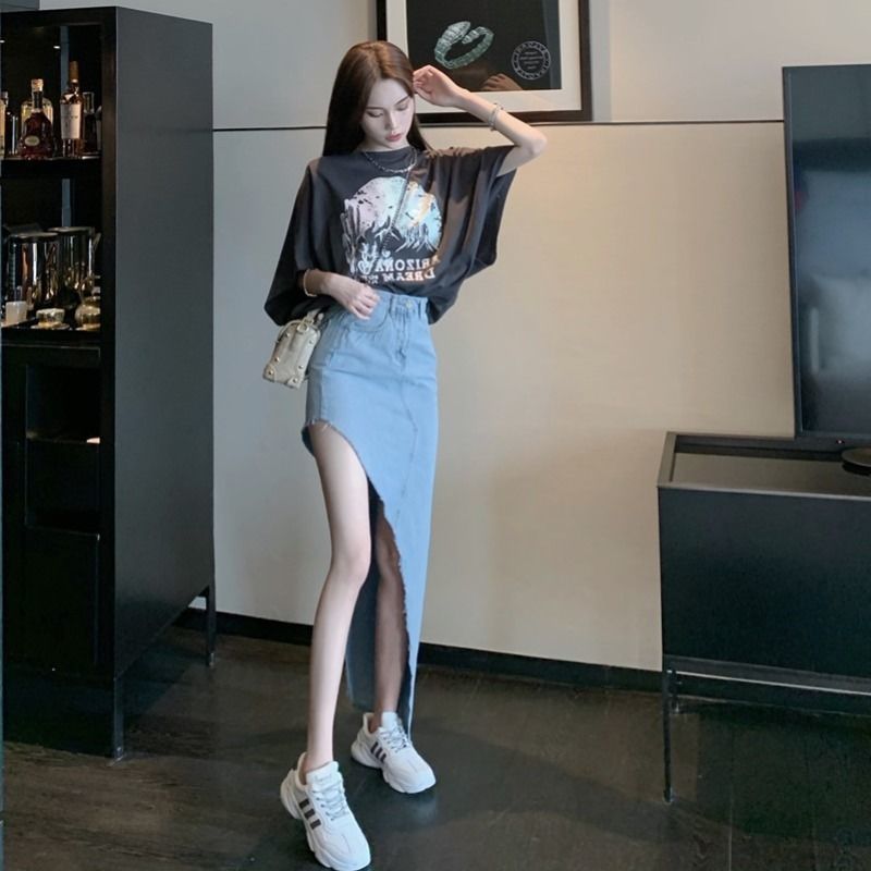 Womder Summer Asymmetric Long Jeans Skirt High Waist Split Sexy Denim Vintage Korean Jupe Femme 210510