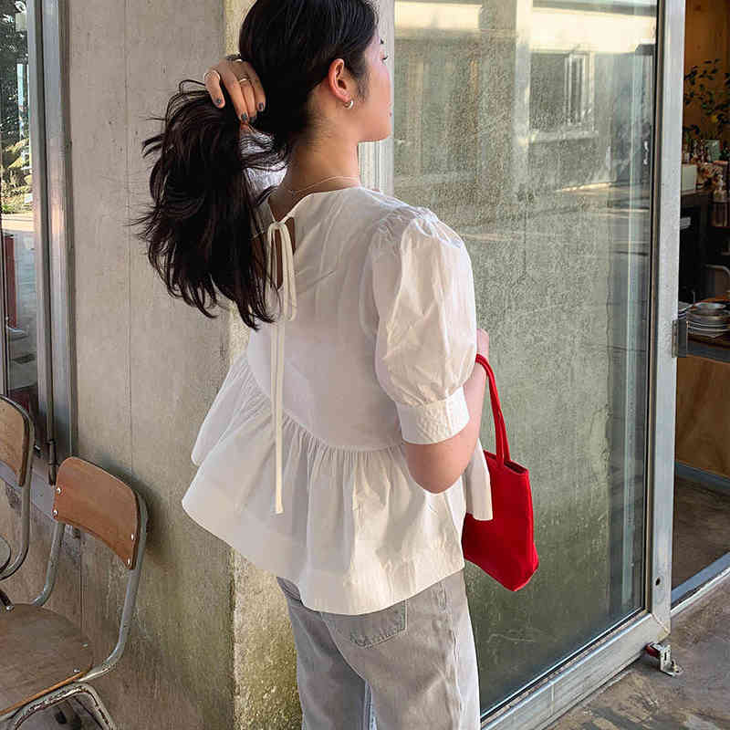 Summer White Blouse women Solid Cotton Korean Version Sweet Cute Round Collar Short Sleeve Shirt Blusa Feminina 14038 210518