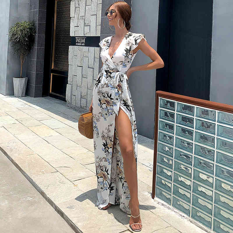 Women Dress V-neck Bandage Bohemian Dresses For Plus Size Sexy Long Flowers Girls Summer Fashion 210513