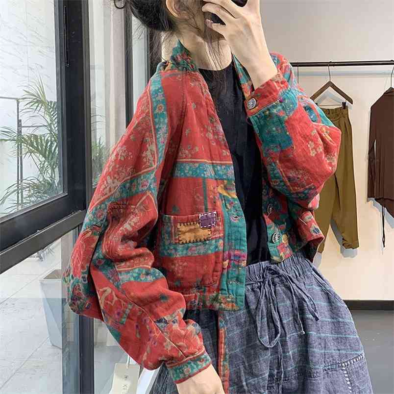 Arrival Spring Autumn Arts Style Women Long Sleeve Loose Short Coat Single Breasted Vintage Print Cotton Jackets Coats V181 210512