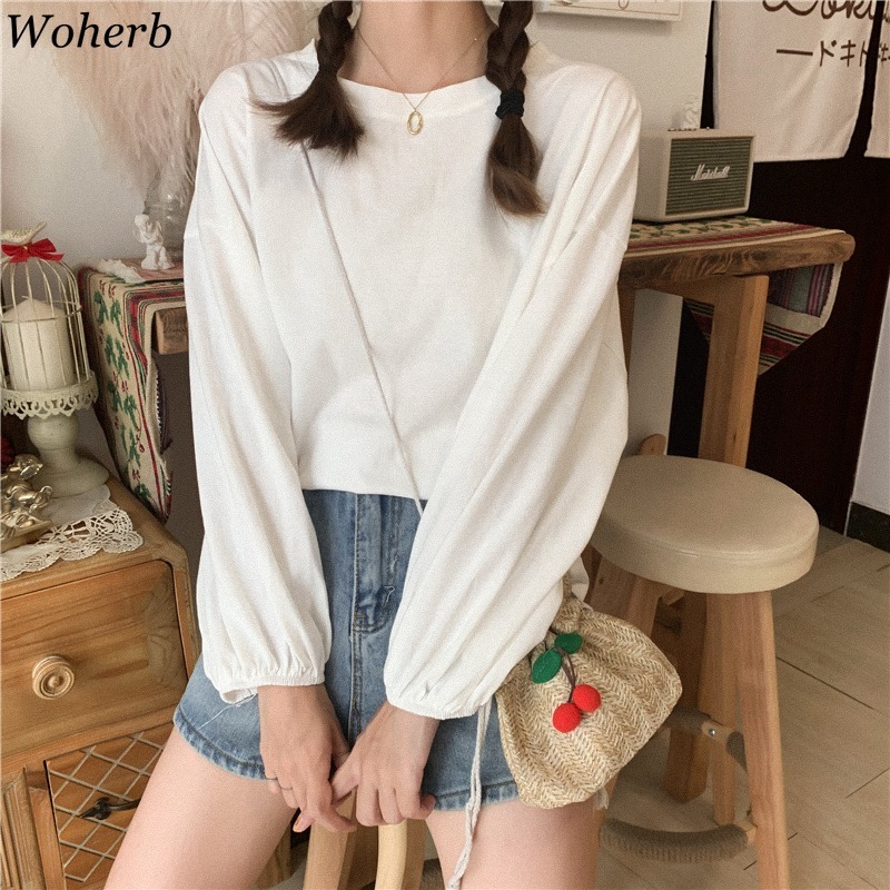 Long Lantern Sleeve T -shirt Women Crew Neck Causal Solid Shirts Spring Summer All Match Basic ops ee Femme 210519