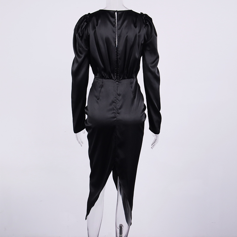 NewAsia Long Sleeve Maxi Dress V Neck Ruched Cut out Sexy Split Invisible Zipper High Waist Black Dress Women Elegant Party Wear 210413