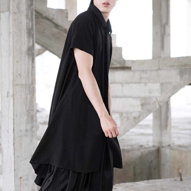 Yamamoto Style Dark Mid-long Irregular Asymmetrical Casual Neutral Short-sleeved Shirt Summer Men's Shirts