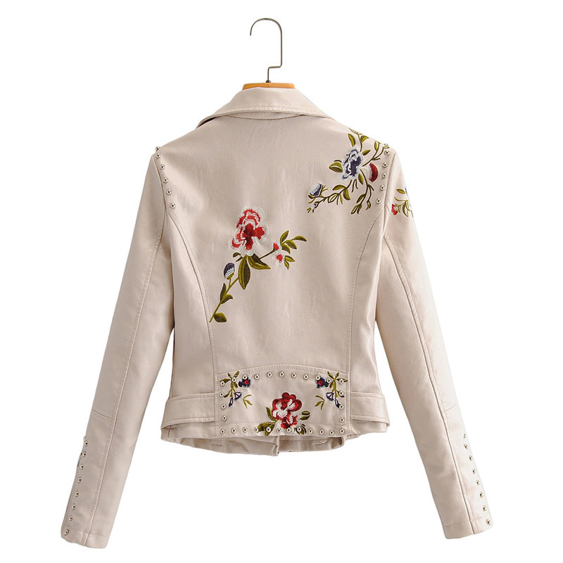 Women's PU Leather Lapel Long-sleeved Jacket Female Heavy Industries Embroider Flowers and Leaves Rivet Short Leather Jacket 210507