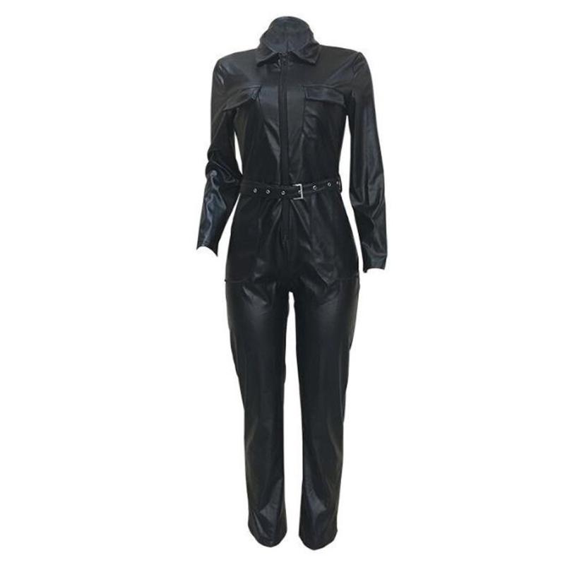 Women's Jumpsuits & Rompers PU Leather Womens Jumpsuit Black Autumn Casual Long Sleeve Clubwear Party Sexy Bodycon Faux Overalls