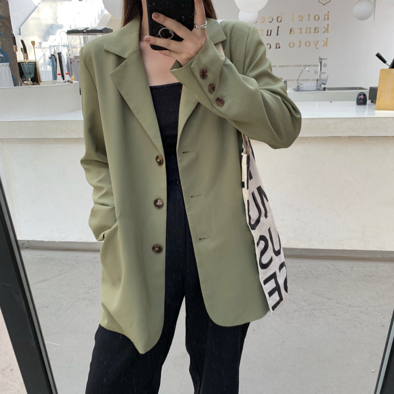 Korean Green Large Size Brief Solid Outwear Coats Streetwear OL Blazers Chic Vintage All Match Loose Stylish Jackets 210421