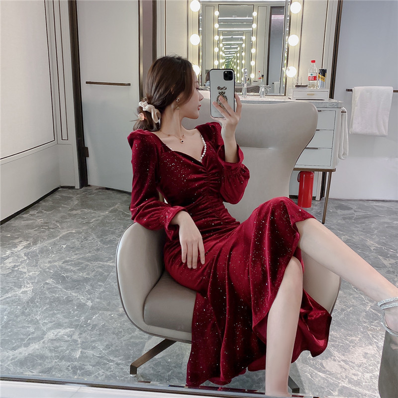 Women Solid Elegant Velvet Long Trumpet Mermaid Dress Spring Autumn Female Clothing 210520