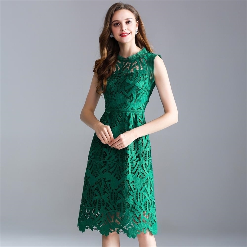 summer new European and American large size women's solid color sleeveless openwork embroidery lace A word dress 210409