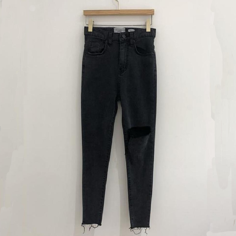 Washed Gray Single Leg Cut Slimming Burr Feet Jeans for Women Korean Style Pants High Waist 10414 210518