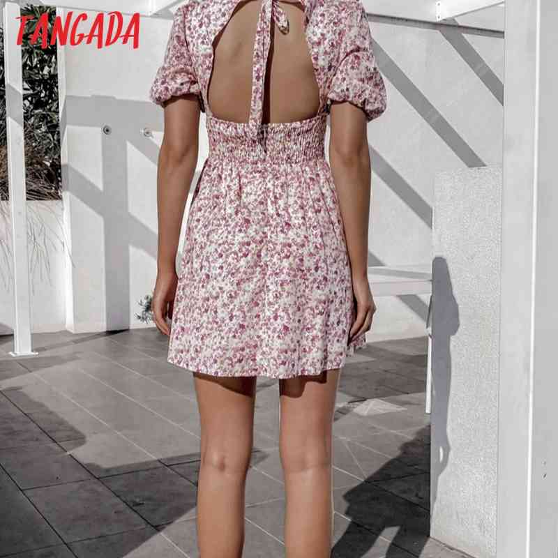 Summer Women Flowers Print Backless Bow Short Sleeve Ladies Mini Dress Vestidos 8M9 210416