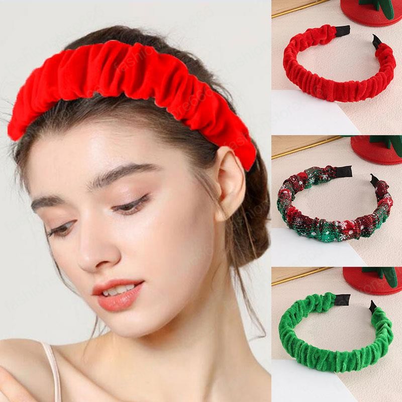 Women Sweet Christmas Headbands Fashion Red Green Velvet Pleated Head Hoop Cloth Lattice Hair Bands Hair Accessories