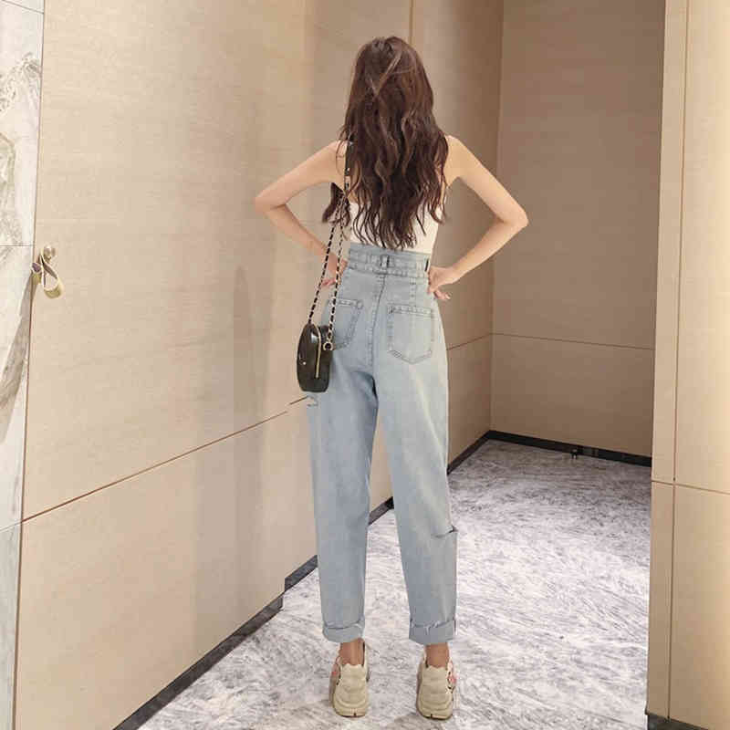 Comelsexy Autumn Vintage Jeans Woman Long Trousers Cowboy Female Loose Streetwear High-rise Ripped Pants 210515